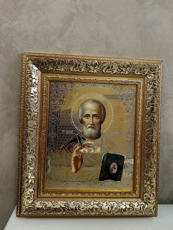 Икона «Николай Чудотворец», золото, никель, фианиты