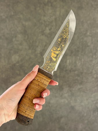 Нож "Русский", ст. 95Х18, береста, текстолит, позолота